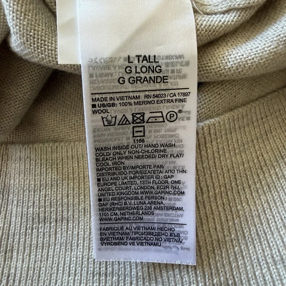 Banana Republic Mens Sweater Size Large TALL Beige Extra Fine Merino Wool NWOT